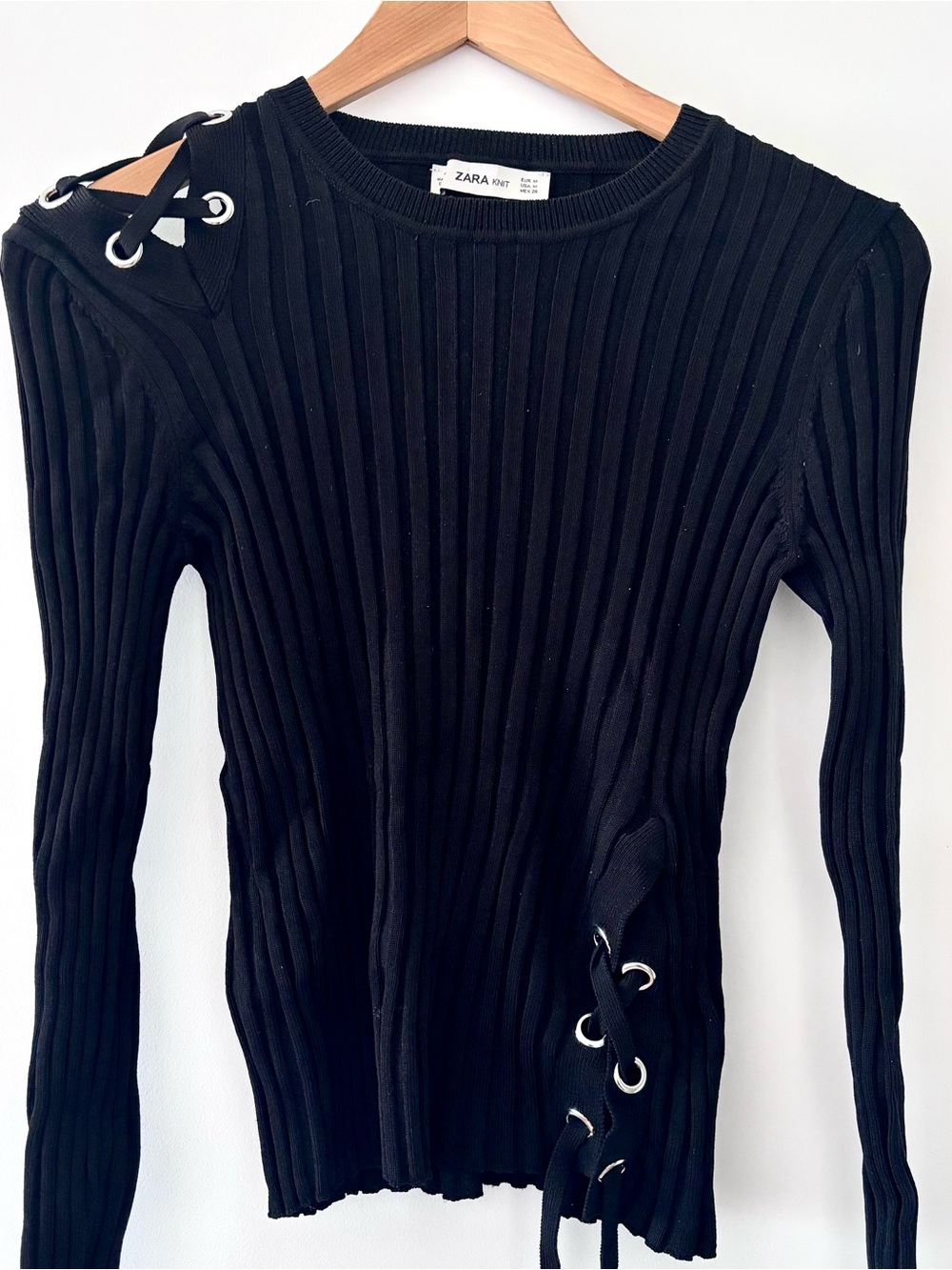 Zara Black Ribbed Lace-Up Knit Top Size M